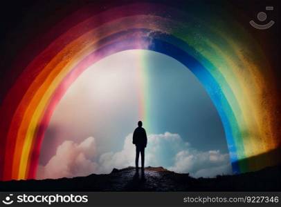 Man standing in front of a rainbow illustration. AI generative.