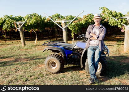 Man standing next to truck in vineyard. Man wearing hat standing next to truck in vineyard