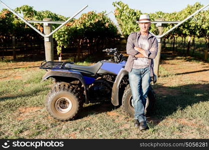 Man standing next to truck in vineyard. Man wearing hat standing next to truck in vineyard