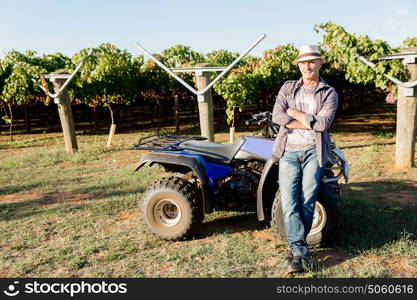 Man standing next to truck in vineyard. Man wearing hat standing next to truck in vineyard