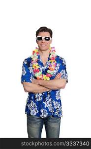 Man standing on white background with hawaiian shirt