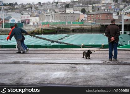 Man stands with dog watching mooring in the Port of Cork, Ireland