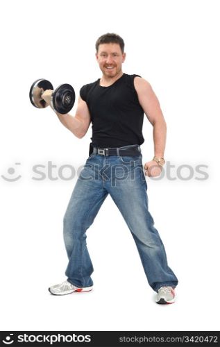 man staying with dumbbell and smiling, on white background