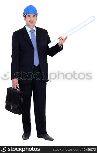 Man stood with briefcase and construction plans