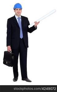 Man stood with briefcase and construction plans