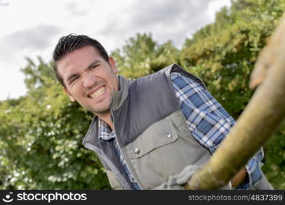 Man straining to pull a branch