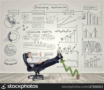 Man studing finances. Confident businessman sitting on chair with legs up and showing ok gesture