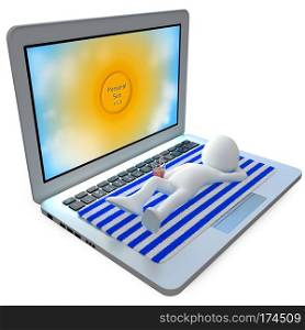 Man sunbathing on top of a huge laptop. Rendered at high resolution on a white background with diffuse shadows.