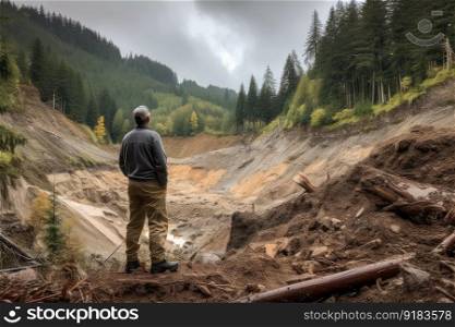 man, surveying the destruction of a mudslide in the wilderness, created with generative ai. man, surveying the destruction of a mudslide in the wilderness