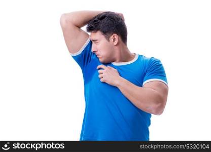 Man sweating excessively smelling bad isolated on white backgrou. Man sweating excessively smelling bad isolated on white background