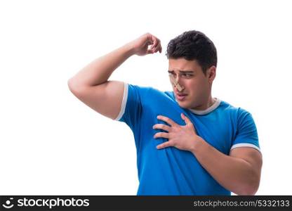 Man sweating excessively smelling bad isolated on white backgrou. Man sweating excessively smelling bad isolated on white background