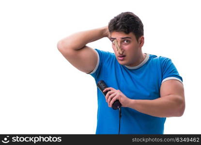 Man sweating excessively smelling bad isolated on white backgrou. Man sweating excessively smelling bad isolated on white background