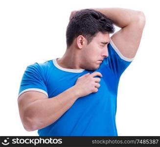 Man sweating excessively smelling bad isolated on white background. Man sweating excessively smelling bad isolated on white backgrou