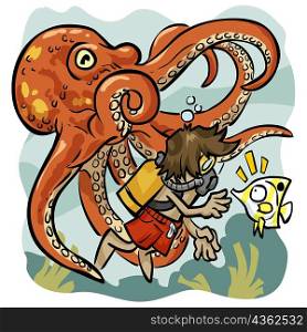 Man swimming underwater with an octopus and a fish
