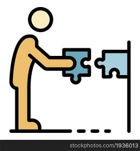 Man take puzzle icon. Outline man take puzzle vector icon color flat isolated. Man take puzzle icon color outline vector