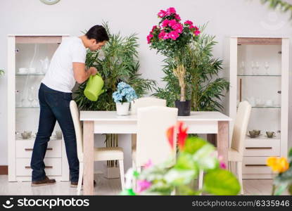 Man taking care of plants at home