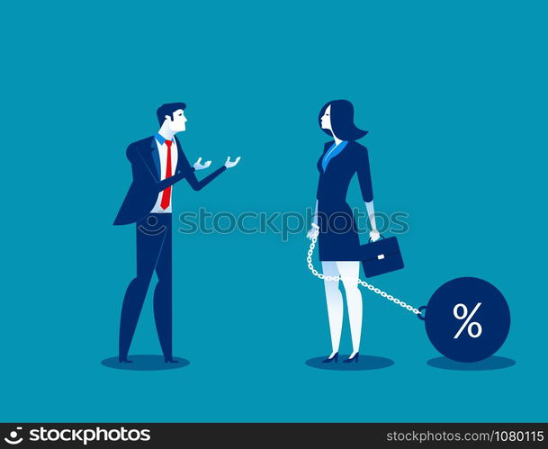 Man talking to businesswoman chain bound hands. Concept business vector illustration. Character flat design.