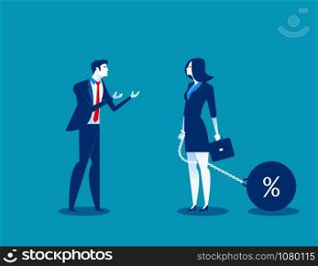 Man talking to businesswoman chain bound hands. Concept business vector illustration. Character flat design.
