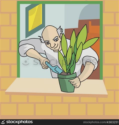 Man tending to a potted plant on a window ledge