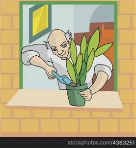Man tending to a potted plant on a window ledge