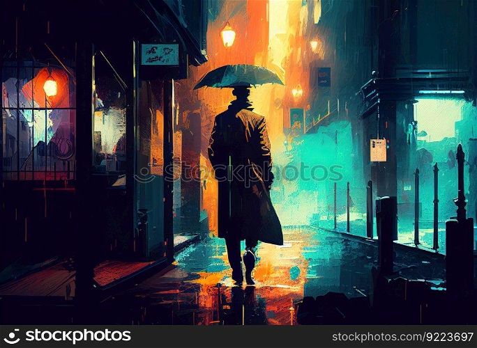 Man to the city with an umbrella illustration. Ai genrative.