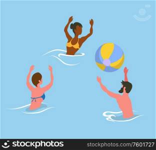 Man tossing big colorful ball, women catching rubber round, water activity. Portrait and back view of friends wearing swimsuit, splashing in sea vector. People Splashing in Sea, Playing Volleyball Vector
