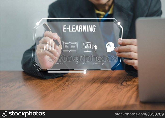 Man touching screen virtual icon e learning education online Technology internet network.