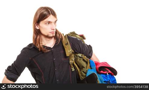 Man tourist backpacker portrait. Summer travel.. Portrait of man tourist backpacker on trip. Young guy hiker backpacking. Summer vacation travel concept. Isolated on white background.