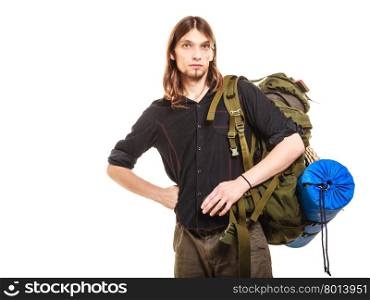 Man tourist backpacker portrait. Summer travel.. Portrait of man tourist backpacker on trip. Young guy hiker backpacking. Summer vacation travel concept. Isolated on white background.