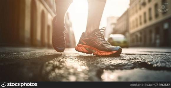 Man trail runner walking in the city with close up of trail running shoes. Generative AI.