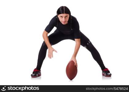 Man training with american football on white