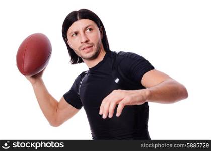 Man training with american football on white