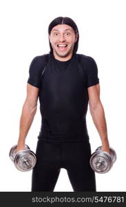 Man training with dumbbells on white