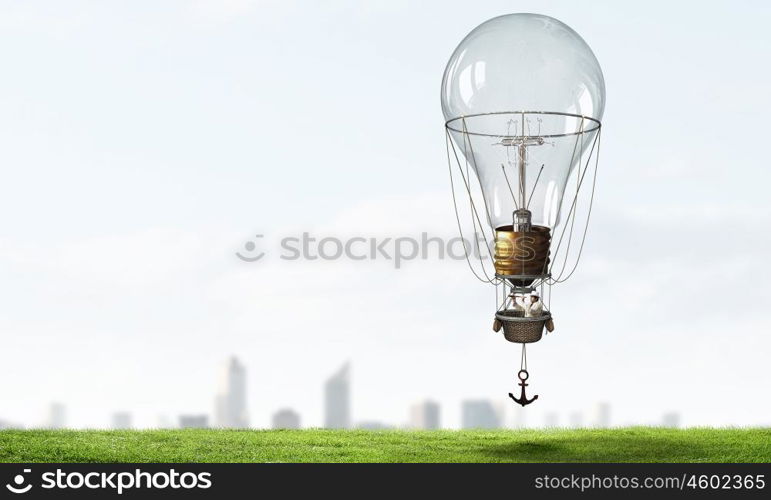 Man travel in aerostat. Businessman flying on aerostat balloon high in sky