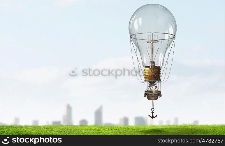 Man travel in aerostat. Businessman flying on aerostat balloon high in sky