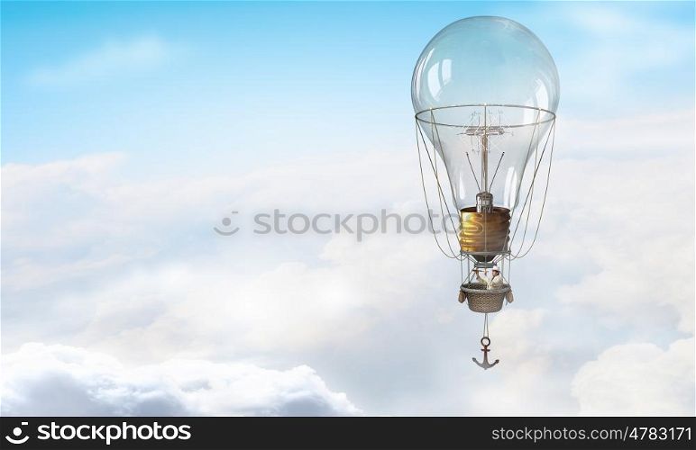 Man travel in aerostat. Businessman flying on aerostat balloon high in sky