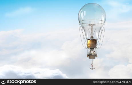 Man travel in aerostat. Businessman flying on aerostat balloon high in sky