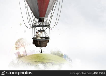 Man travel in aerostat. Businessman flying on aerostat balloon high in sky