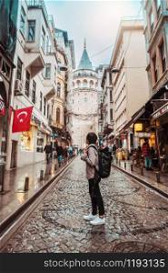 Man Traveling at Istanbul Galata Tower, Turkey