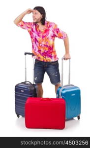 Man travelling with suitcases isolated on white