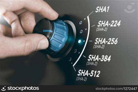 Man turning a cryptography switch to change the cryptographic hash algorithm to SHA-256. Composite image between a hand photography and a 3D background.. Cryptography Concept, Cryptographic Hash Algorithm SHA-2