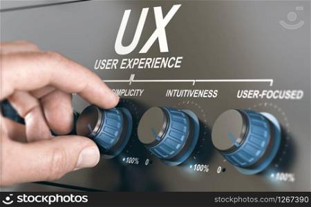 Man turning a knob to adjust UX parameters. User experience concept. UX, User Experience, Web or App Design Concept.
