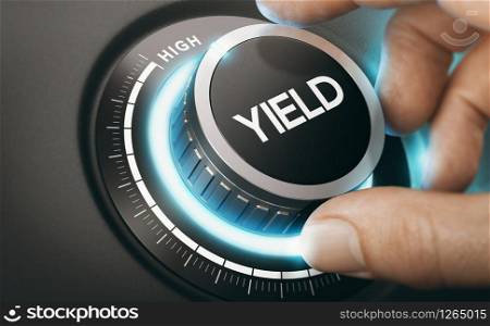 Man turning a knob to select high yield investment. Finance Concept. Composite image between a hand photography and a 3D background.. Investment Or Finance Concept. Yield Management.