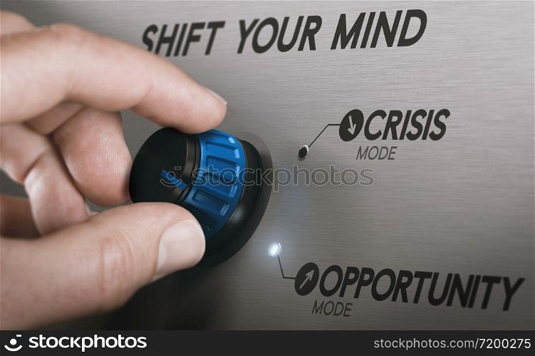 Man turning a knob to turn crisis into an opportunity. Composite image between a hand photography and a 3D background.. Turning crisis into an opportunity. Concept