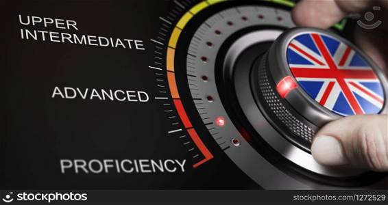Man turning button with english flag up to proficiency level. Scale of language and progress measurement cncept. Composite image between a hand photography and a 3D background.. English Language Progress, Intensive Programme. Proficiency Level