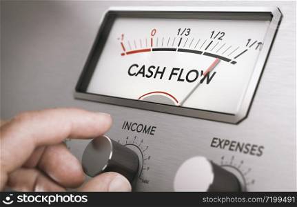 Man turning income knob to increase cash flow amount. Concept of good management of liquidities in a company. Composite image between a hand photography and a 3D background.. Operating cash flow management. Manage business liquidities.