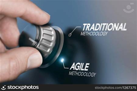 Man turning knob to changing project management methodology from traditional to agile PM. Composite image between a hand photography and a 3D background.. Changing Project Management Methodology From Traditional to Agile PM