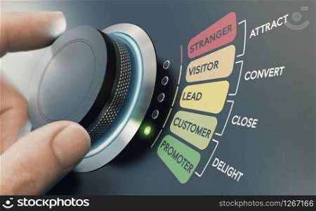 Man turning knob with different stages of sales process to convert strangers into promoters. Successful inbound marketing campaign concept. . Successful Inbound Marketing Campaign Concept. Leads Generation, Convert Strangers to Promoters.