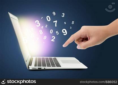 Man typing on notebook with number comming out, hand push digital data with computer network on blue background, business technology concept.
