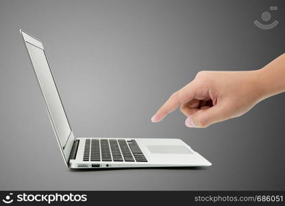 Man typing on notebook with something, hand push digital data with computer network on grey background, business technology concept.